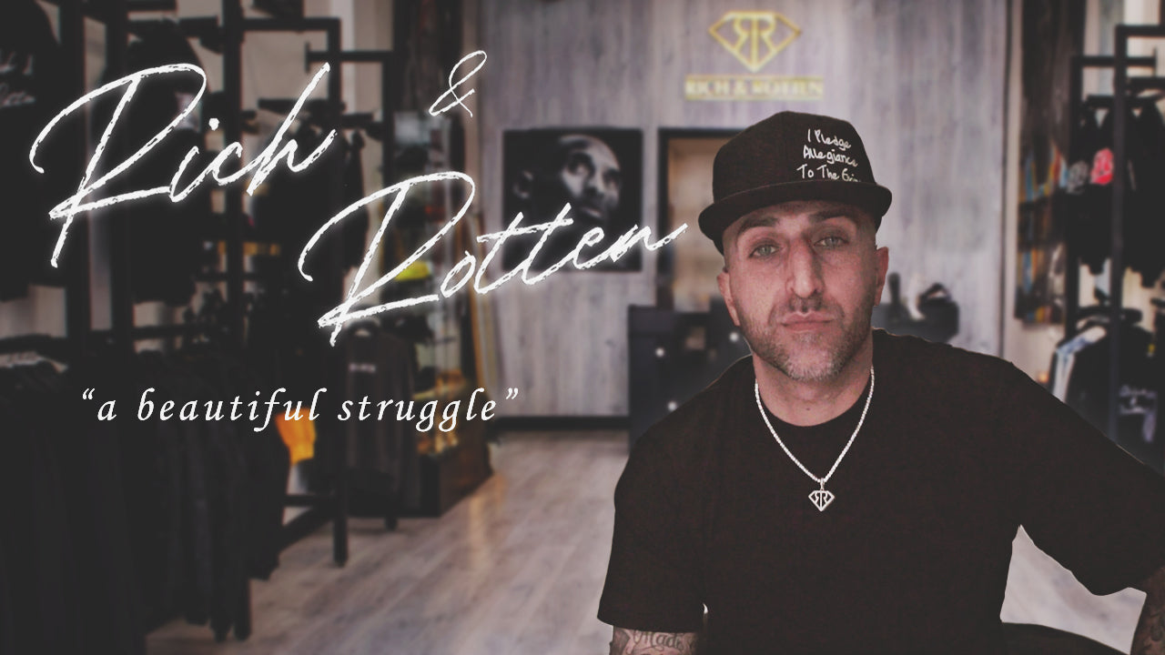 CEO of Rich & Rotten Hamed inside his store in Los Angeles. "A Beautiful Struggle" logo on the left side