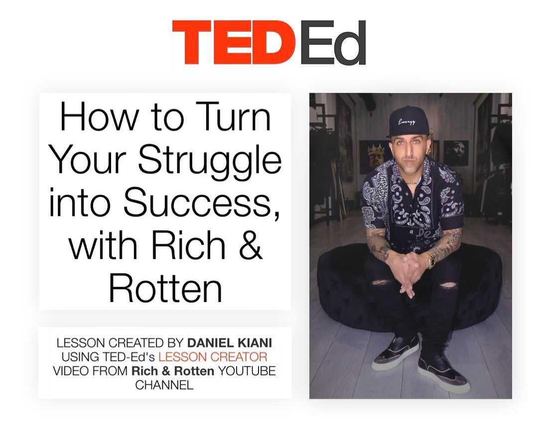 Screenshot of TedEd article "how to turn your struggle into success with Rich and Rotten" text on the left and photo of owner Hamed Jalaly on the right