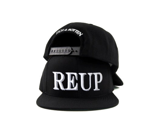 Black snapback hat with embroidered "REUP"  text and Rich & Rotten text on the back
